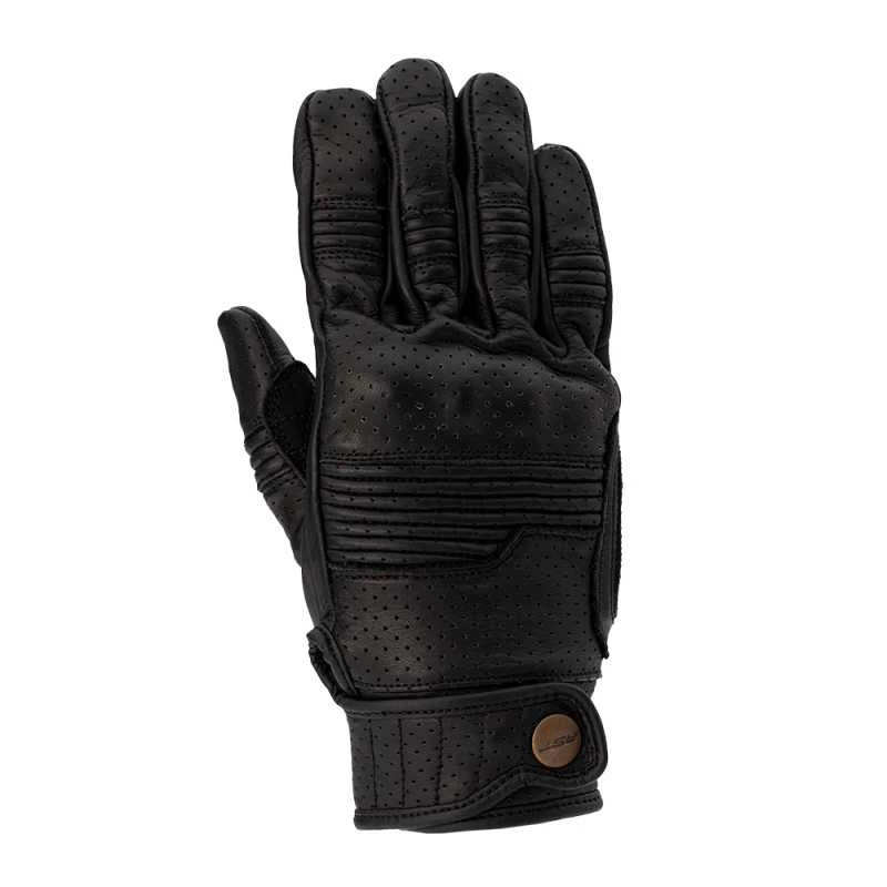 Black RST Roadster 3 women's gloves, size 7, featuring perforated leather for breathability, padded knuckles, and a secure wrist strap for a snug fit.