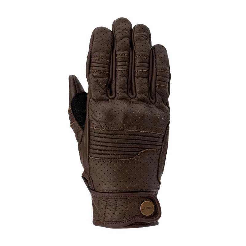 Dark brown leather women's gloves featuring perforated detailing, padded sections, and a secure wrist closure, designed for comfort and style in motorcycle riding.