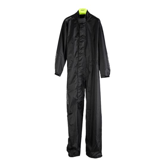 Black RST waterproof 1-piece rain suit for men, size L, featuring a full zipper, long sleeves, and a sleek design, made from durable, water-resistant material.