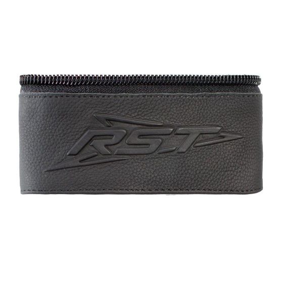 Black leather connecting belt with a textured finish, featuring a prominent embossed RST logo and a zippered closure along the top edge.
