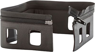Black leather connecting belt for women, featuring a textured finish, zip closure, and cut-out sections for a stylish and functional design.