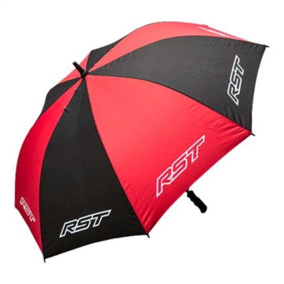 Black and red RST umbrella featuring a sleek design with bold RST branding, made from durable fabric and equipped with a comfortable grip handle.