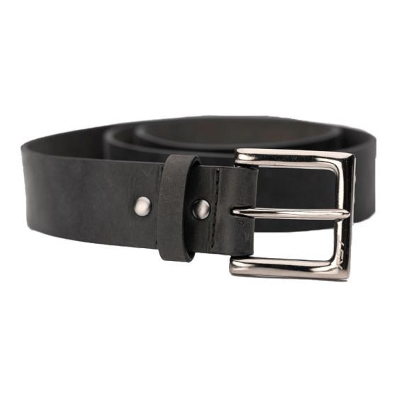 Black leather belt by RST, featuring a medium width, a shiny silver metal buckle, and a sleek design with a single prong and snap detail.