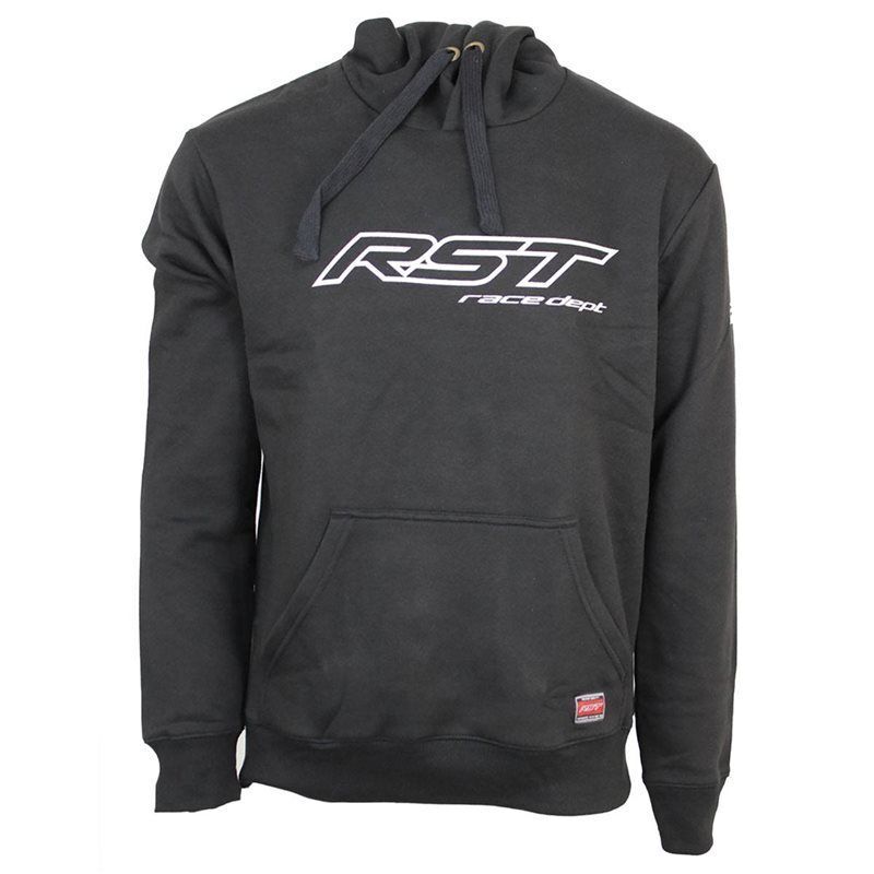 Black hoodie featuring the RST Race Dept logo in white across the chest, with a front pocket and adjustable drawstring hood.