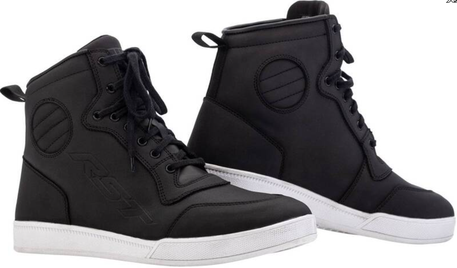 Black waterproof hi-top shoes for women by RST, featuring a sleek design, lace-up front, padded collar, and contrasting white rubber sole. Size 38 EU.