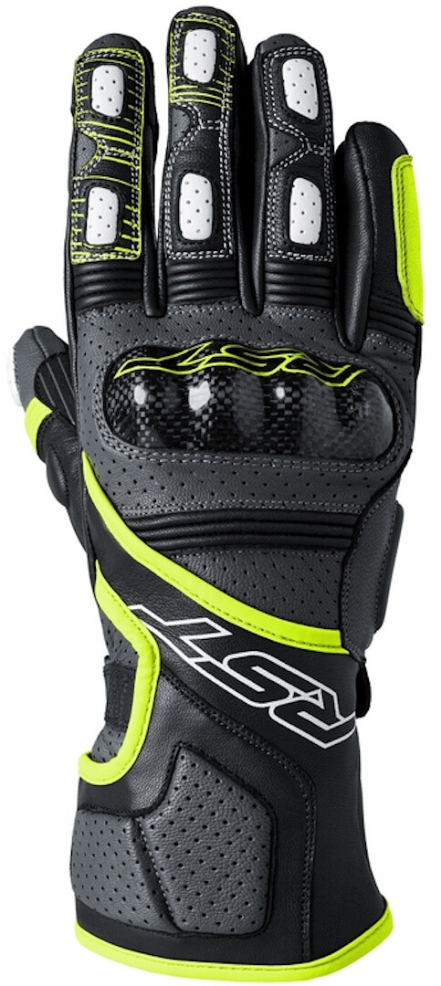 RST Fulcrum gloves in grey, neon yellow, and black feature a sleek design with carbon knuckle protection, padded palms, and ventilation holes, sized 10.