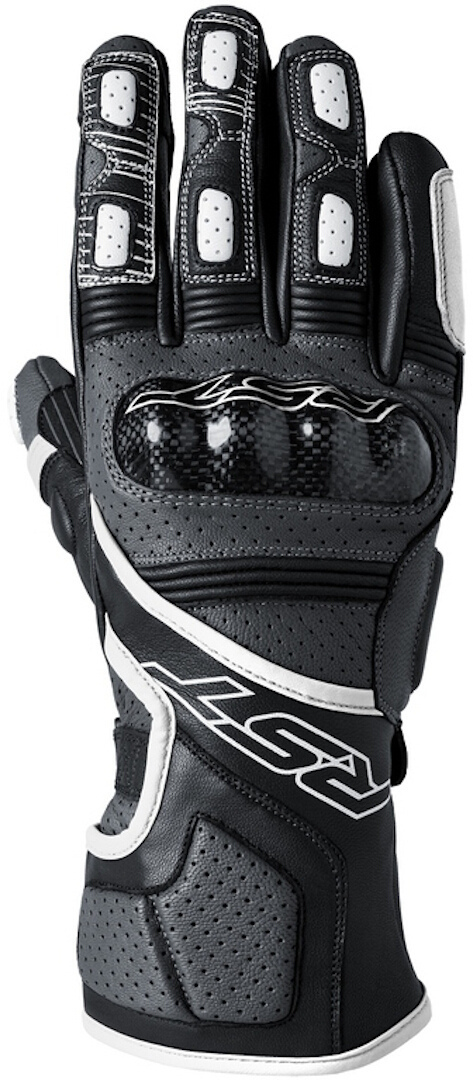RST Fulcrum gloves in grey, white, and black, featuring a carbon fiber knuckle protector, perforated leather for breathability, and padded palm for enhanced grip, size 10.