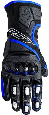 RST Fulcrum gloves in grey, blue, and black, featuring perforated leather, carbon knuckle protection, and padded palm, designed for size 9.