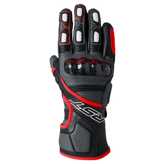 RST Fulcrum gloves in grey, red, and black, featuring a mix of leather and mesh material, with padded knuckles and reinforced palm for enhanced protection, size 9.