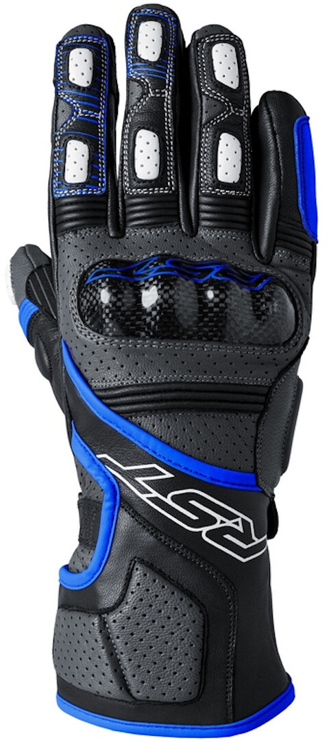 RST Fulcrum gloves in grey, blue, and black, featuring carbon knuckle protection, perforated leather for breathability, and a snug fit with reinforced palm areas.