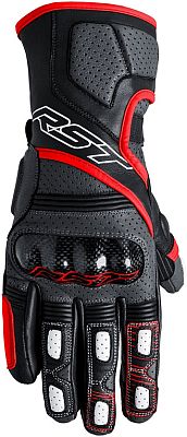 RST Fulcrum gloves in grey, red, and black, featuring perforated leather for breathability, reinforced knuckles, and padded palms for enhanced grip and protection. Size 8.