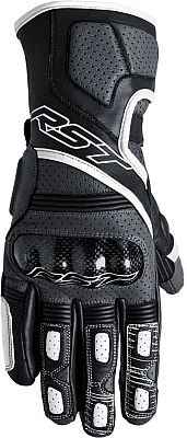 RST Fulcrum gloves in grey, white, and black, featuring perforated leather, carbon fiber knuckle protection, and padded areas for enhanced grip and comfort, size 7.