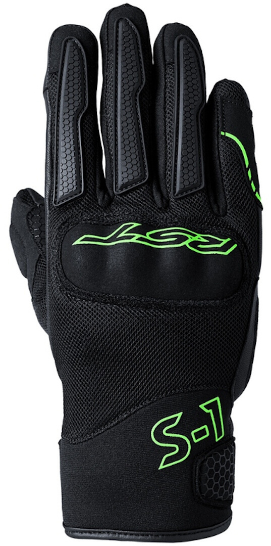 Black and neon-green RST S-1 Mesh gloves, size 10, featuring a textured grip, padded knuckles, and breathable mesh material for enhanced comfort and protection.
