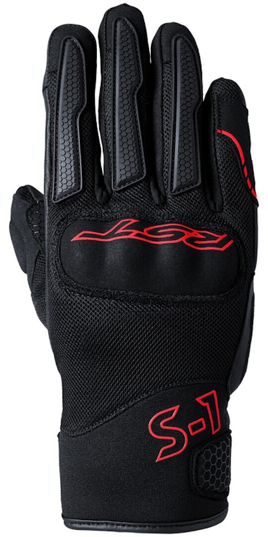 Black and red RST S-1 Mesh gloves in size 8, featuring a textured grip, padded knuckles, and breathable mesh material for enhanced comfort and protection.