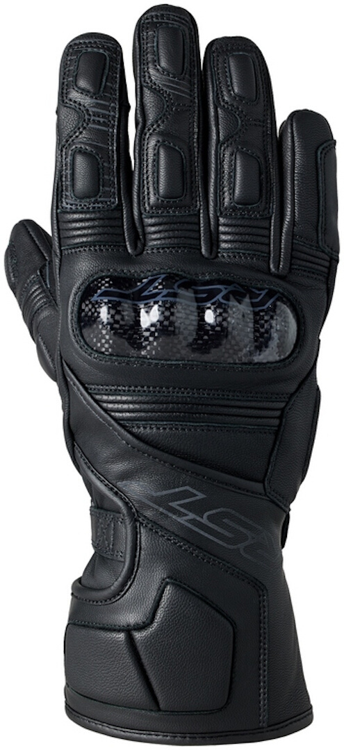 Black waterproof RST Fulcrum gloves in size 10, featuring a textured leather finish, protective knuckle armor, and reinforced palm for enhanced grip and durability.