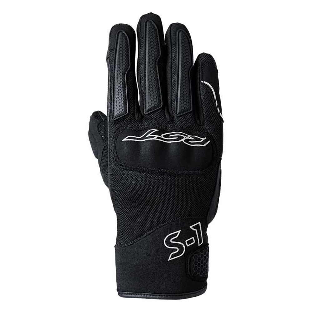 Black and white RST S-1 Mesh gloves for women, size 6, featuring a breathable mesh material, padded knuckles, and a sleek design with logo detailing.