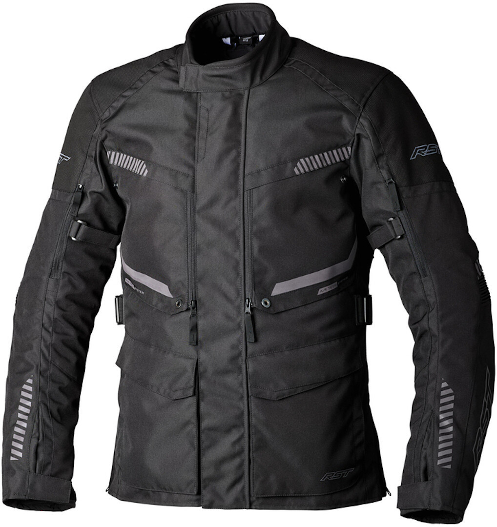 Black RST Maverick Evo motorcycle textile jacket in size M for men, featuring multiple zippered pockets, ventilation panels, and reflective detailing for enhanced visibility.