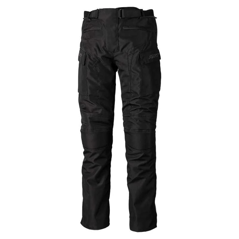 Black waterproof textile pants by RST, featuring a sleek design, multiple pockets, and a comfortable fit, available in size S.