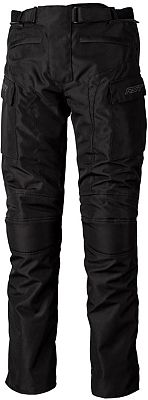 Black waterproof textile pants for women, featuring a sleek design, adjustable waist, cargo pockets, and a size small label, ideal for riding or outdoor activities.