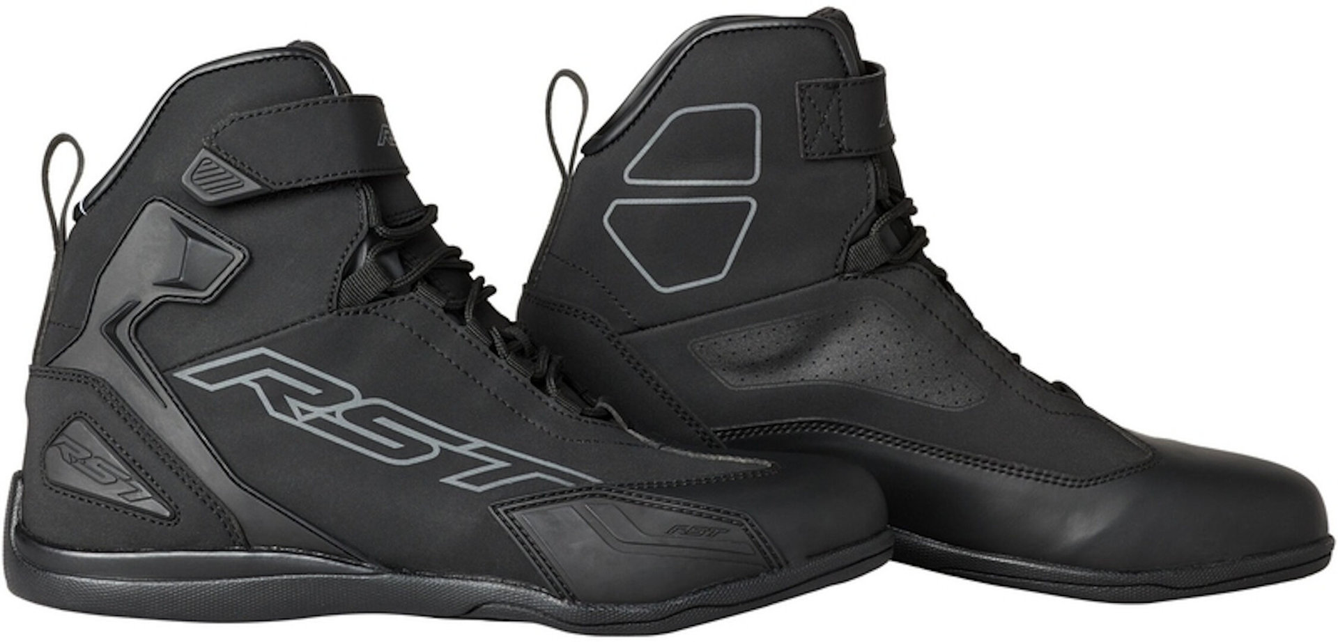 Black waterproof RST Sabre shoes in size 45 EU, featuring a sleek design with a textured finish, reinforced toe, and ankle support for added protection.
