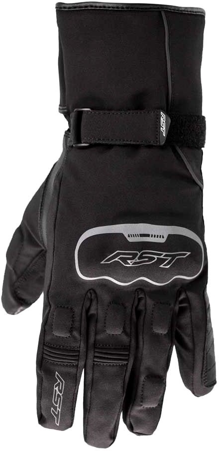 Black waterproof women's gloves by RST, featuring a secure wrist strap, padded palm, and logo detailing, designed for comfort and protection in size 8.
