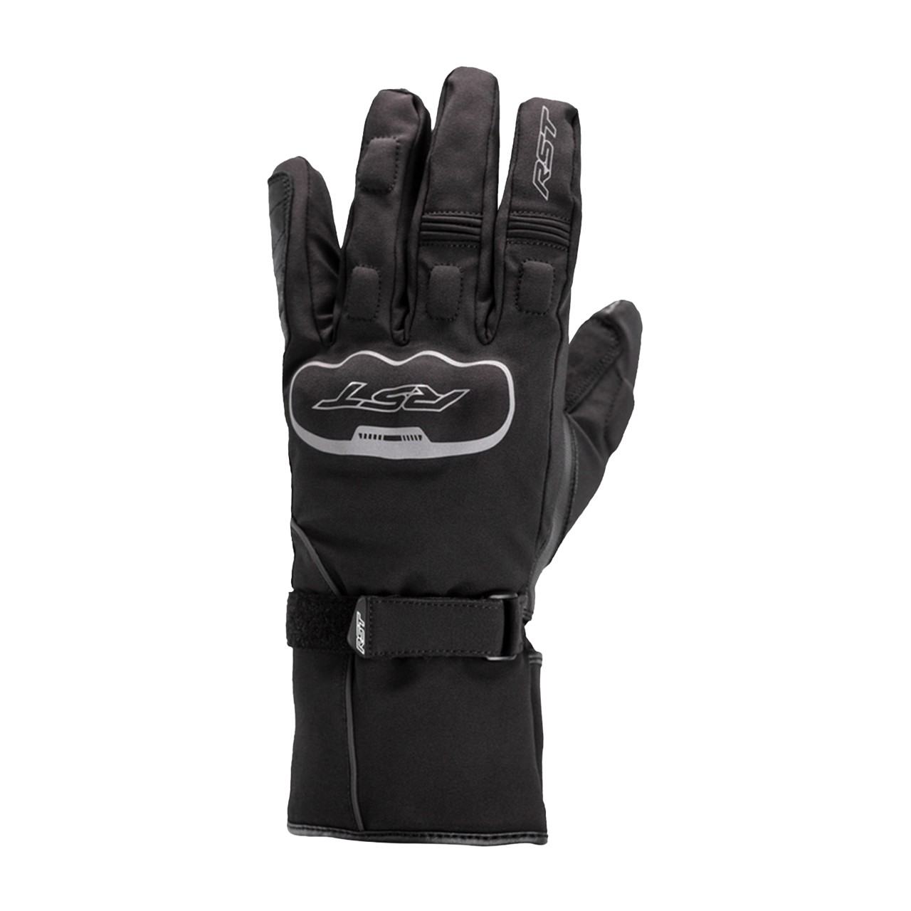 Black waterproof women's gloves by RST, featuring a snug fit, adjustable wrist strap, and reinforced fingertips for enhanced grip and protection. Size 6.