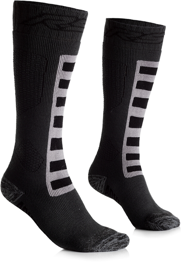 Black and grey functional socks by RST, size S, featuring a textured design and reinforced areas for durability, ideal for adventure activities.