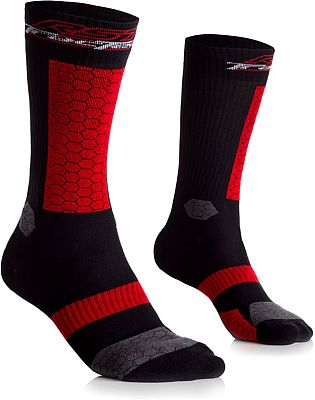 Black and red functional socks with a honeycomb pattern, reinforced toe and heel, and a snug fit, designed for comfort and performance, size S.