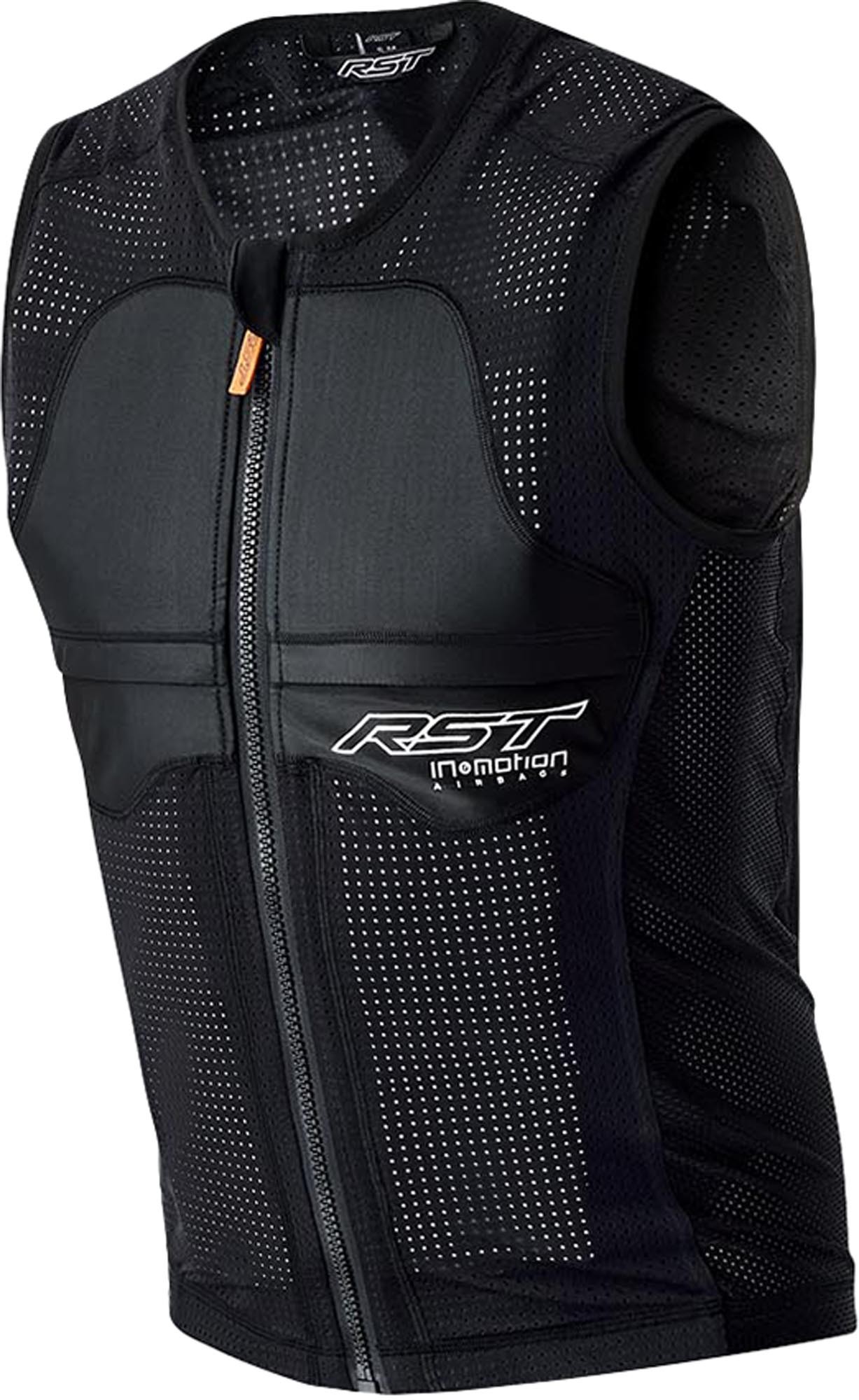 Black mesh airbag protector vest with a front zipper, featuring RST branding and perforated panels for ventilation, designed for men in size L/XL.