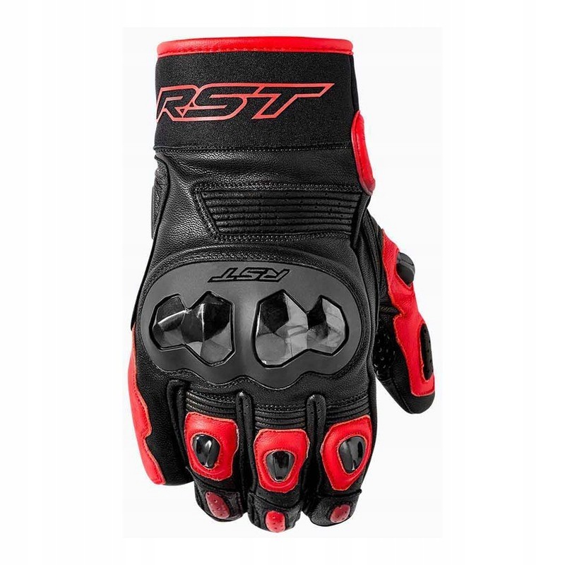 Black and red RST Freestyle 3 D3O gloves in size 10, featuring a sleek design, protective knuckle armor, and reinforced palm for enhanced grip and safety.
