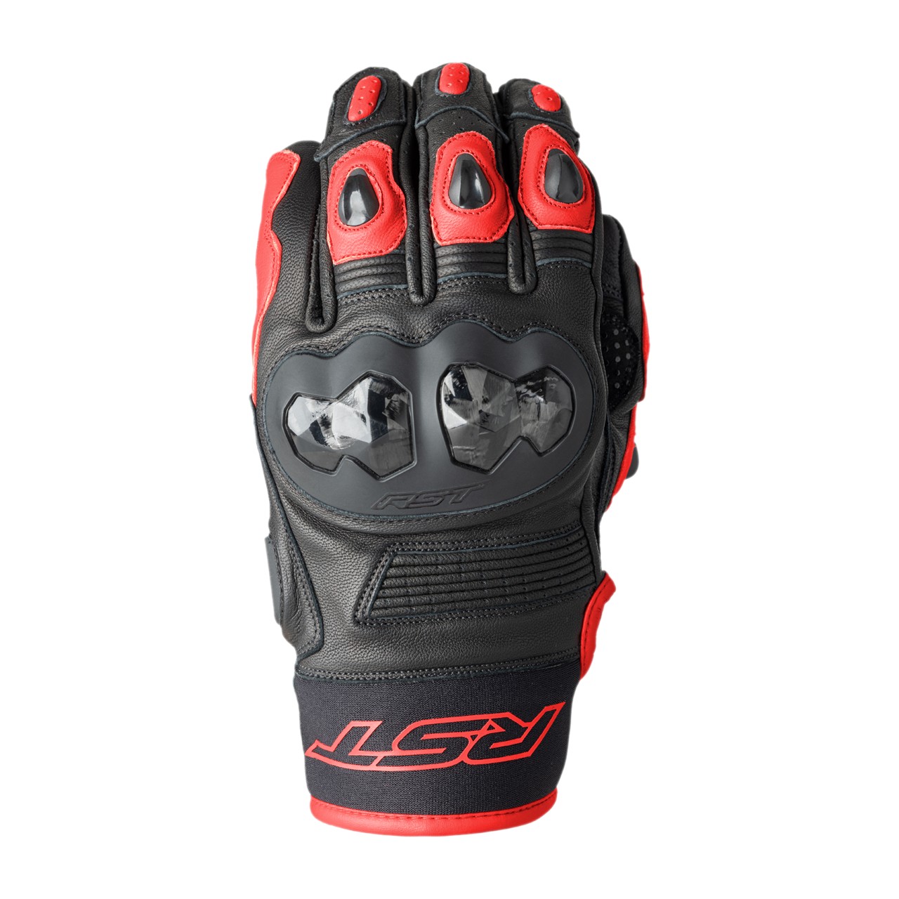 Black and red RST Freestyle 3 D3O gloves featuring protective knuckles, padded palm, and reinforced stitching, designed for a snug fit in size 8.