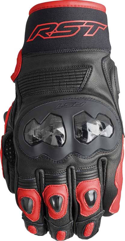 Black and red RST Freestyle 3 D3O gloves in size 11, featuring a leather exterior, protective knuckle armor, and reinforced fingertips for enhanced grip and safety.