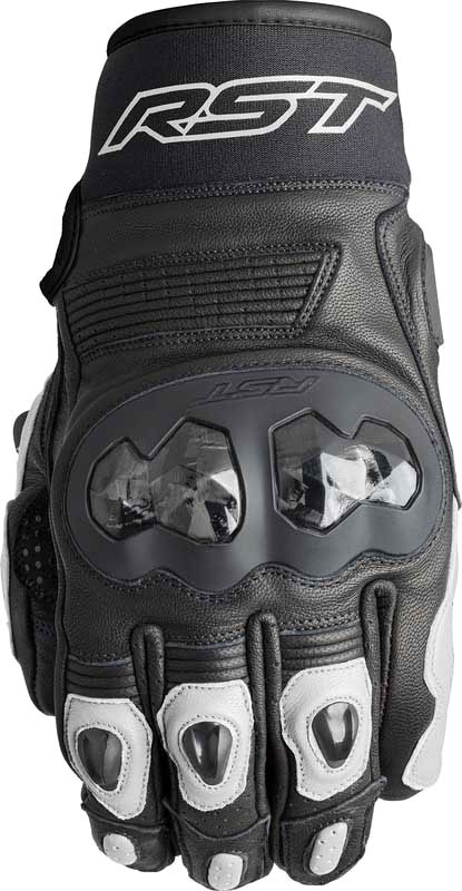 Black and white RST Freestyle 3 D3O gloves, size 8, featuring protective knuckle armor, leather material, and reinforced stitching for durability.