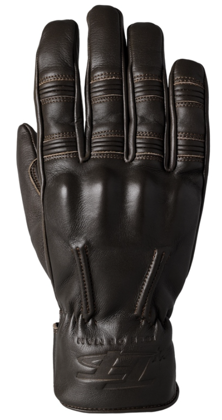 Dark brown leather gloves with stitched detailing, featuring a snug fit and protective padding, labeled with the RST logo, size 9.
