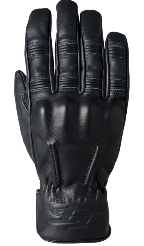 Black leather gloves with a sleek design, featuring padded sections and stitched detailing, labeled "RST" on the wrist area, size 8.