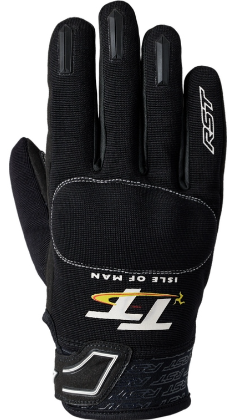 Black and white RST IOM TT Team Evo gloves, size 10, featuring a textured grip, reinforced palm, and logo detailing on the backhand.
