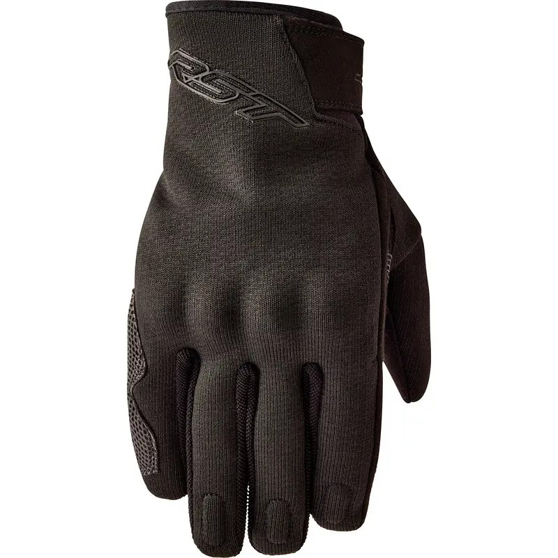Zwarte leren motorhandschoenen voor dames, ontworpen voor de zomer, met ademende materialen en CE-certificering, voorzien van RST-logo op de bovenkant.