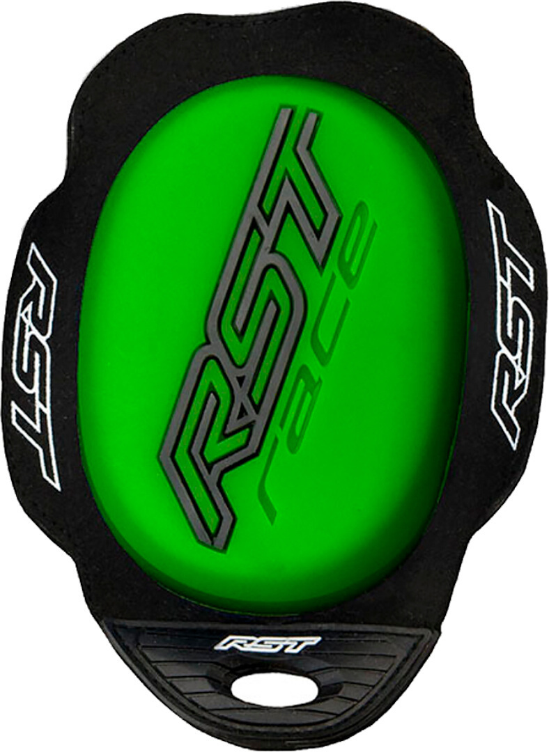 Neon green RST Race knee slider with a smooth surface, featuring a black border and the RST logo prominently displayed in white.