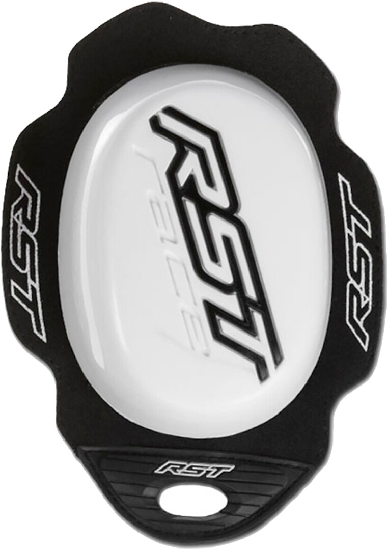 White RST Race knee slider with a smooth surface, featuring a prominent black RST logo and a durable design, suitable for racing, in a one-size-fits-all option.