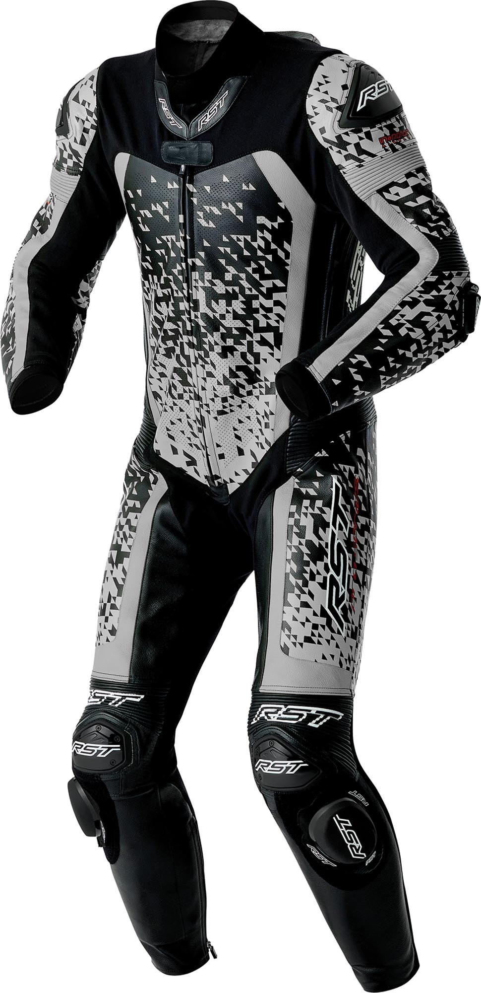 Black and silver RST Pro Series D3O Airbag Perforated 1-Piece Motorcycle Leather Suit, featuring a digital camo pattern, protective padding, and a zip front, size 54 for men.