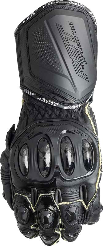 Black RST Pro Series GP D3O gloves, size 8, featuring reinforced knuckles, padded palm, and a sleek design with yellow stitching accents.