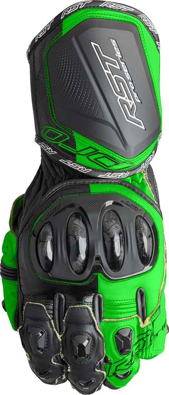 Neon green and black motorcycle gloves featuring protective knuckle armor, reinforced palms, and a sleek design, size 10 by RST Pro Series GP D3O.