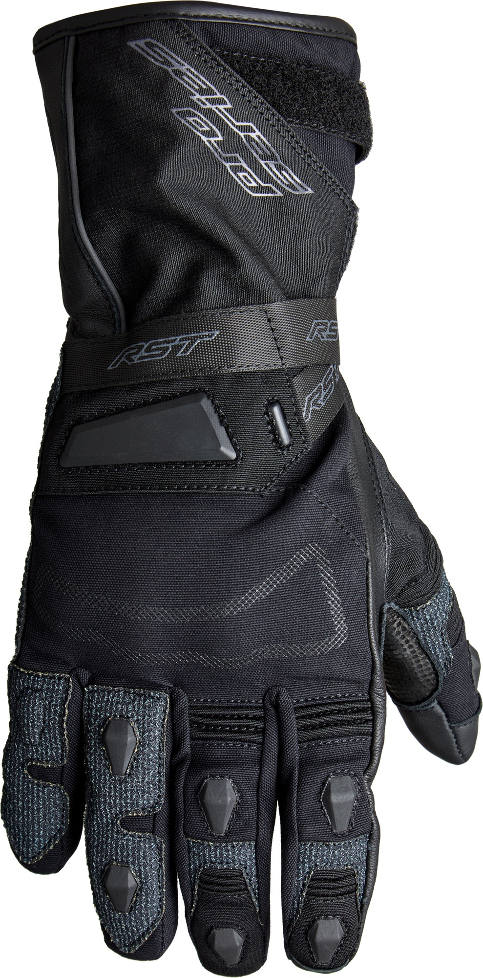 Black waterproof RST Pro Ranger gloves in size M, featuring a textured grip, reinforced knuckles, and adjustable wrist strap for enhanced fit and protection.