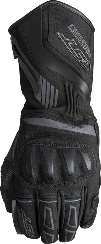 Black waterproof RST Pro Series Vega gloves in size 11, featuring durable material, reinforced knuckles, and a sleek design for optimal grip and protection.