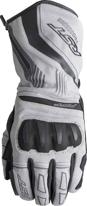 Light grey and black waterproof RST Pro Series Vega gloves, size 8, featuring reinforced knuckles, padded palms, and a sleek design for optimal grip and protection.