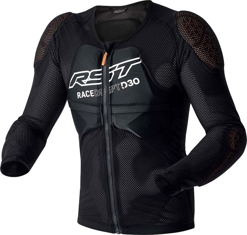 Black RST Race Dept D3O Performance Protector Jacket in size S/M, featuring mesh material, padded chest and shoulder protection, and a front zipper.