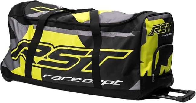 Black gear trolley with neon yellow and grey accents, featuring RST branding, durable material, and a retractable handle for easy transport, measuring 170 liters in size.
