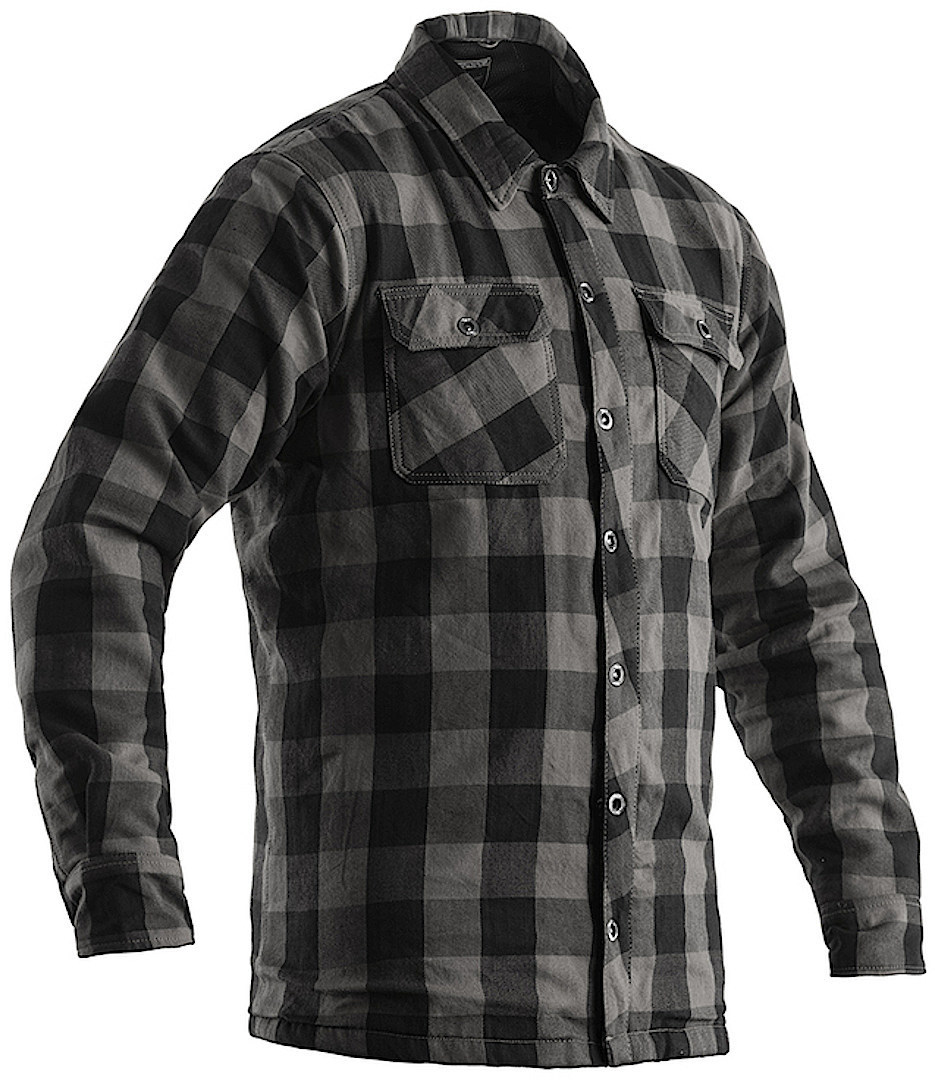 Dark grey and black checkered aramid textile jacket/shirt with long sleeves, button-up front, and two chest pockets, size M by RST.