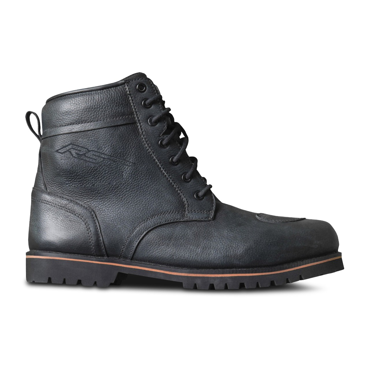 Black leather motorcycle boots by RST, featuring a lace-up design, sturdy sole, and a reinforced toe, available in size 44 for men.