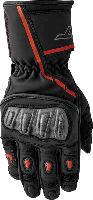 Black and red RST S1 gloves in size 11, featuring a leather exterior, padded knuckles, and reinforced grip areas for enhanced protection and comfort.